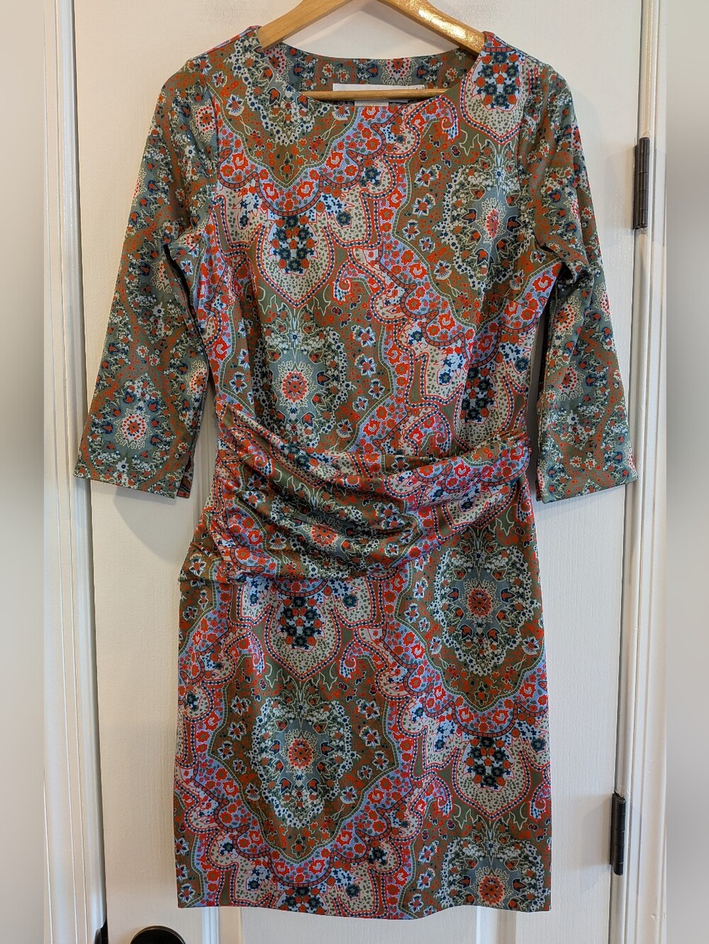Gretchen Scott Jersey Corset Sheath Dress Pleasantly Paisley Ruched Green Size S